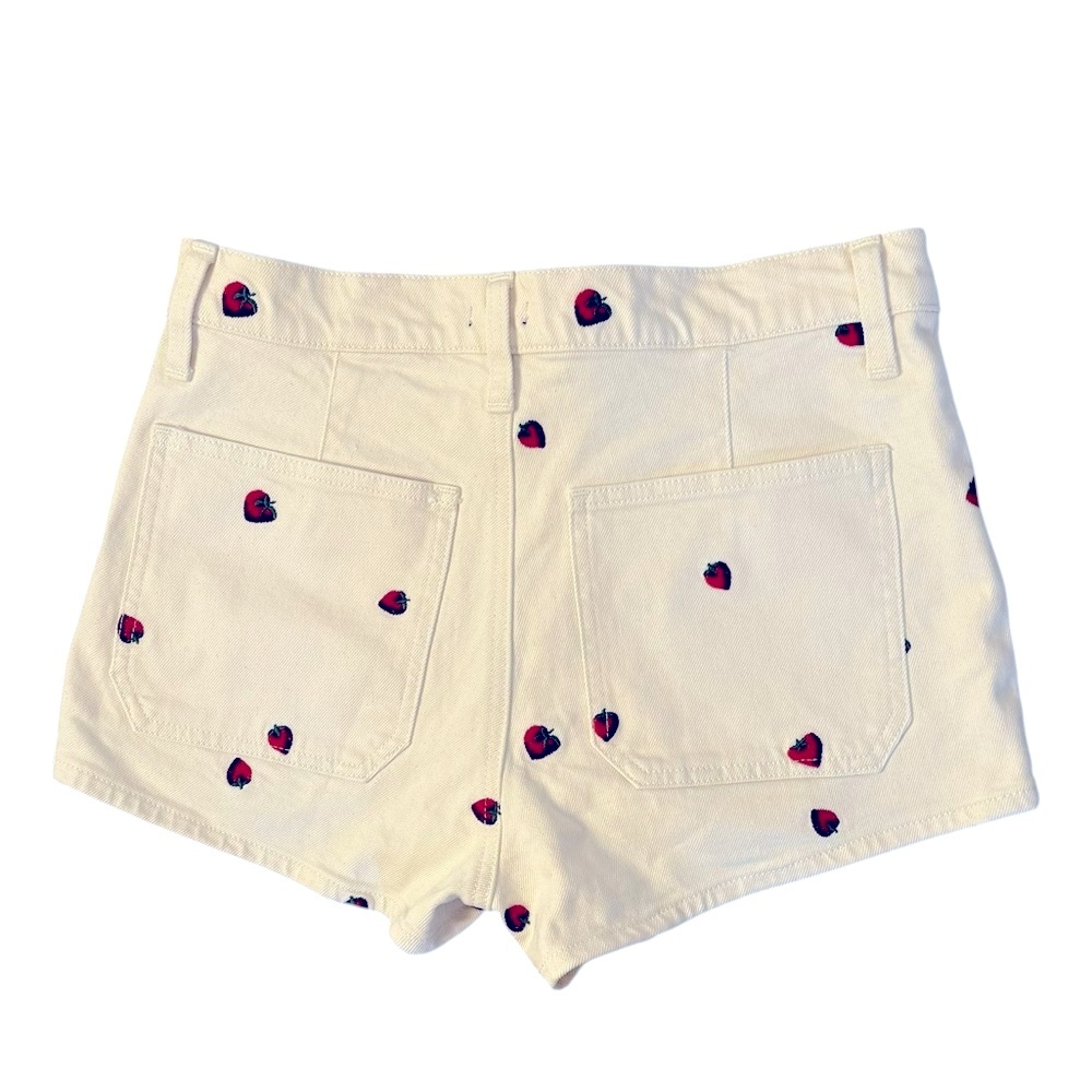 J.Crew New Mini 2” Denim Short in Embroidered Strawberries Ecru  Beach Boardwalk - Picture 2 of 8